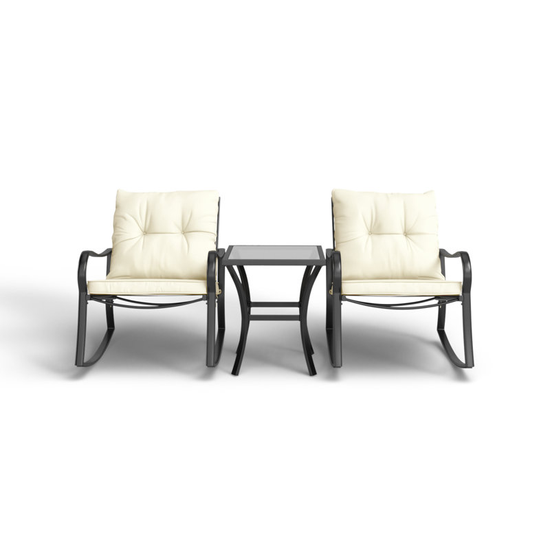 Black Metal and White Cushion 3-Piece Outdoor Rocking Chair Set