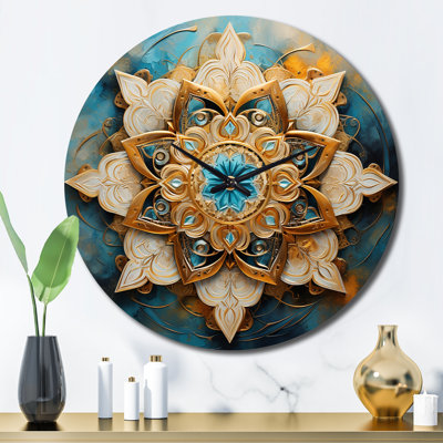 Horloge murale Divine Mandala en métal doré et turquoise II
