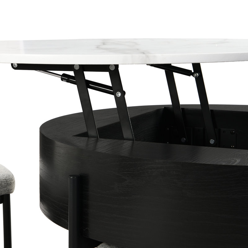 Modern Round Lift-Top Coffee Table with Storage & 3 Ottoman, Black