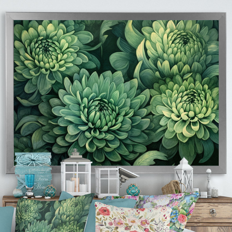 «Green Mums In Bloom» sur toile, H 34 po x l 44 po x P 1,5 po, Cadre simple argenté