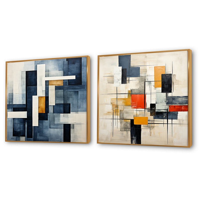 Chrysteen - Ensemble de 2 collages carrés à formes abstraites, H 16 po x l 33 po, Cadre flottant doré