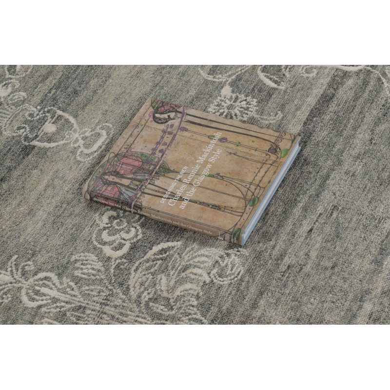 Rug & Kilim’S Block Print Rug With Gray Floral Vases And Vine Border