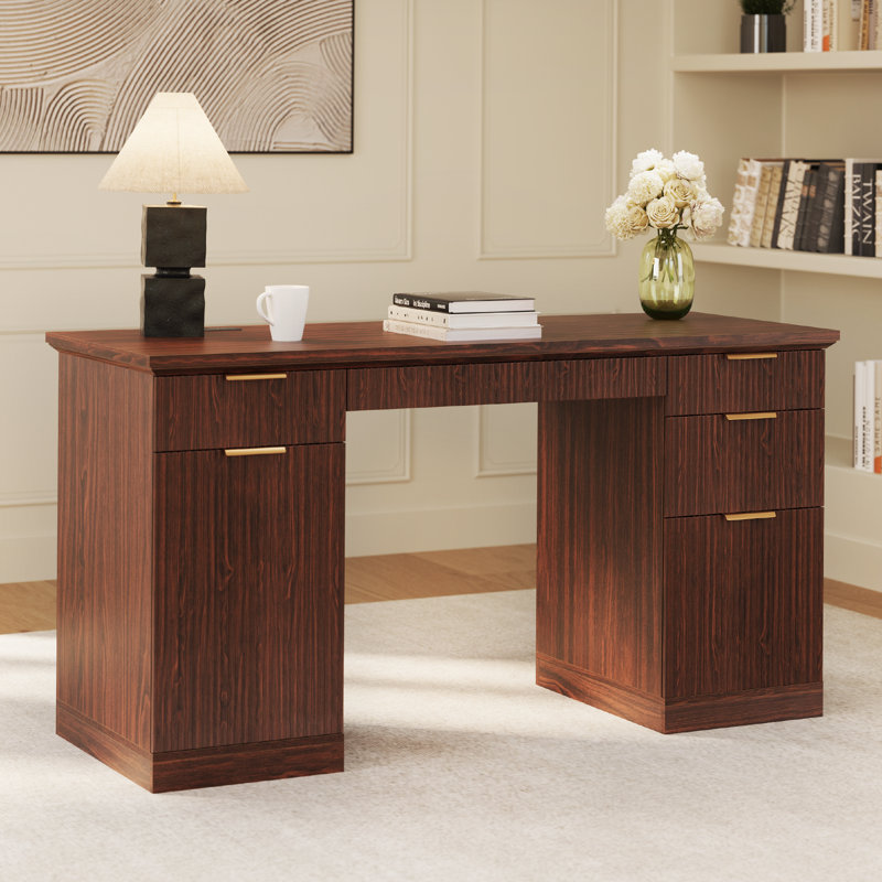 Bureau cannelé moderne avec rangement Ato, Noyer brun
