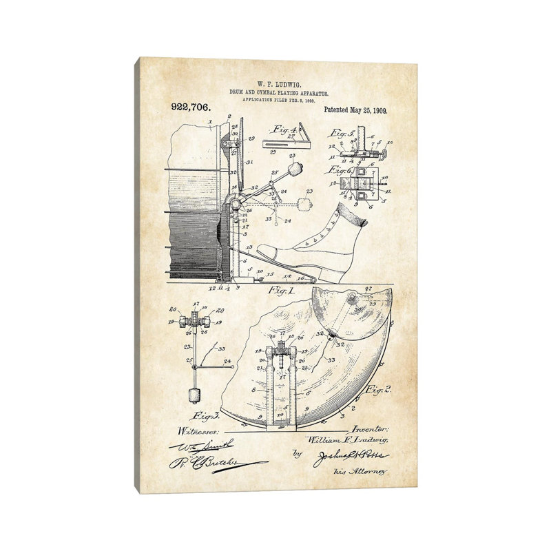 Ludwig Drym And Cymbal by Patent77 - Wrapped Canvas Print, 20.32 cm H x 30.48 cm W