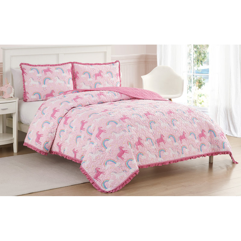 Pink Reversible Microfiber Twin Quilt Set with Unicorns