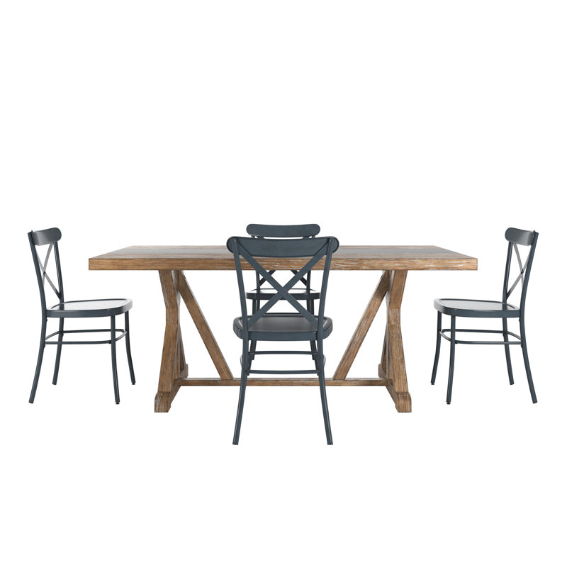Cann Rustic Pine Frame Concrete Veneer Top Dining Table Set - Stripe Concrete Veneer Top Table And 4 Chairs, Navy