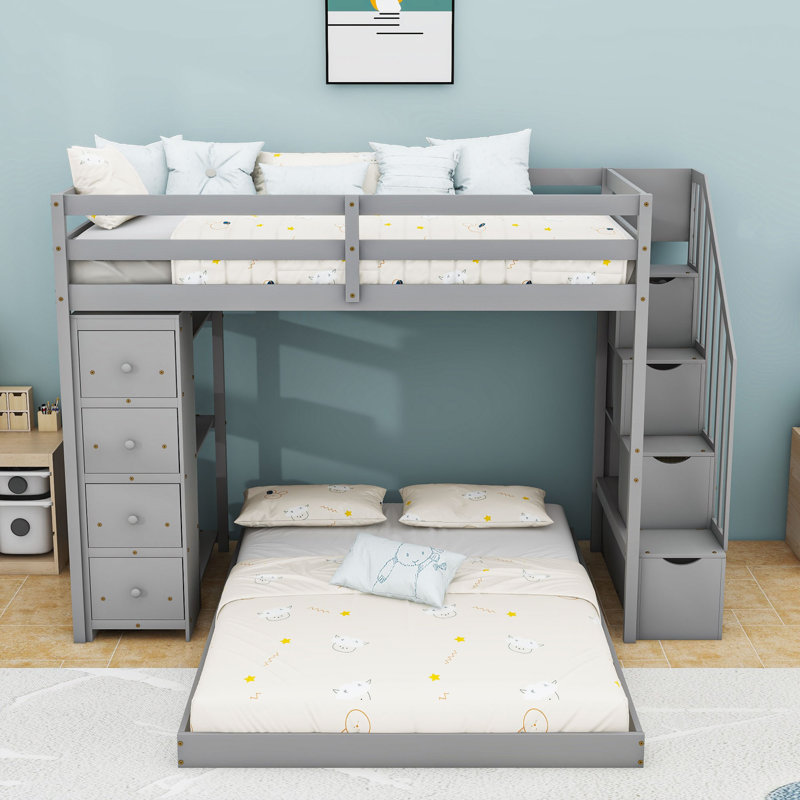 Lit superposé simple au-dessus de 4 tiroirs avec tablettes et rangement, Gris
