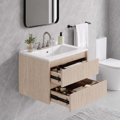 Meuble-lavabo suspendu de 61 cm (24 po), armoire cannelée avec 2 tiroirs à fermeture amortie, lavabo en céramique blanche, robinetterie à 3 trous de 10 cm (4 po)