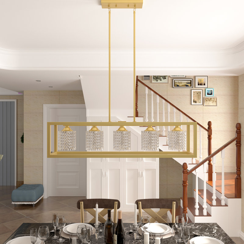 Lustre rectangulaire moderne en acier à 5 lumières pour îlot de cuisine Gerberoy, Laiton satiné