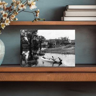 1930s 1940s PAIR OF BOYS IN ROWBOAT WITH COLLIE FISHING IN FARM AREA by H. Armstrong Roberts - Wrapped Canvas Print