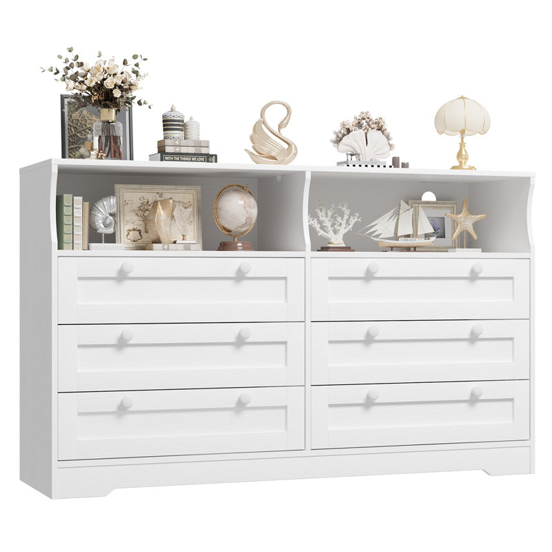 Commode moderne 55 po pour chambre à coucher, 6 tiroirs, commode en bois avec lumières DEL et station de charge, Blanc