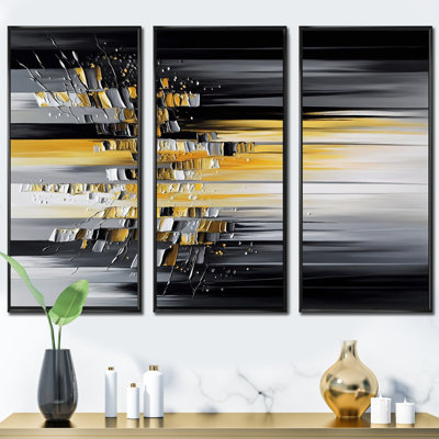 Abstrait géométrique noir et jaune I - animaux, ensemble d'art mural sur toile