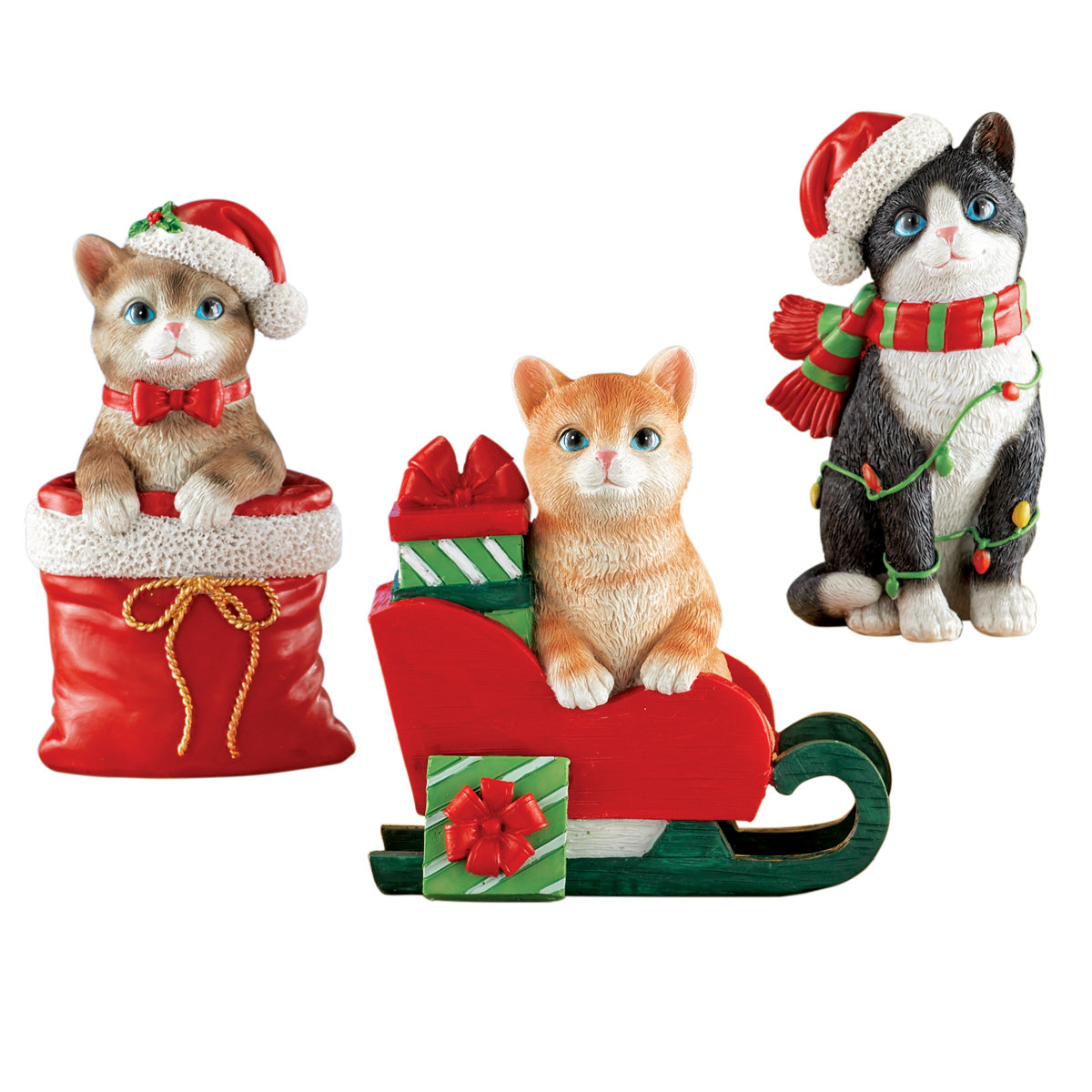 Set di tre gatti natalizi dipinti a mano