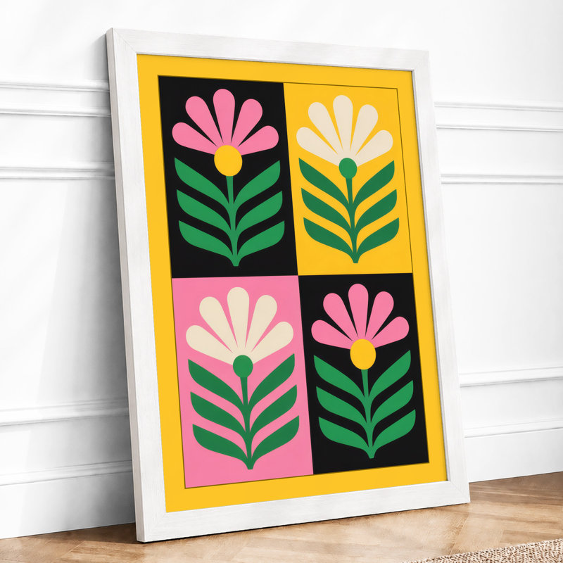 Four Stylized Daisies Mid-Century - Framed Print, A4 - 29.7 x 21.0 cm, White