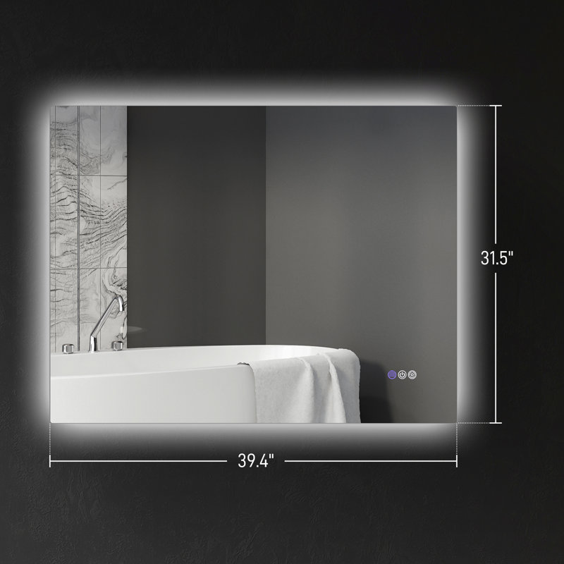 Miroir de meuble-lavabo 39 po x 32 po avec brouillard, intensité variable, température de couleur réglable, fixation murale, fonction de mémoire, horizontal / vertical, verre transparent, éclairage DEL à cadre en aluminium, fonction,