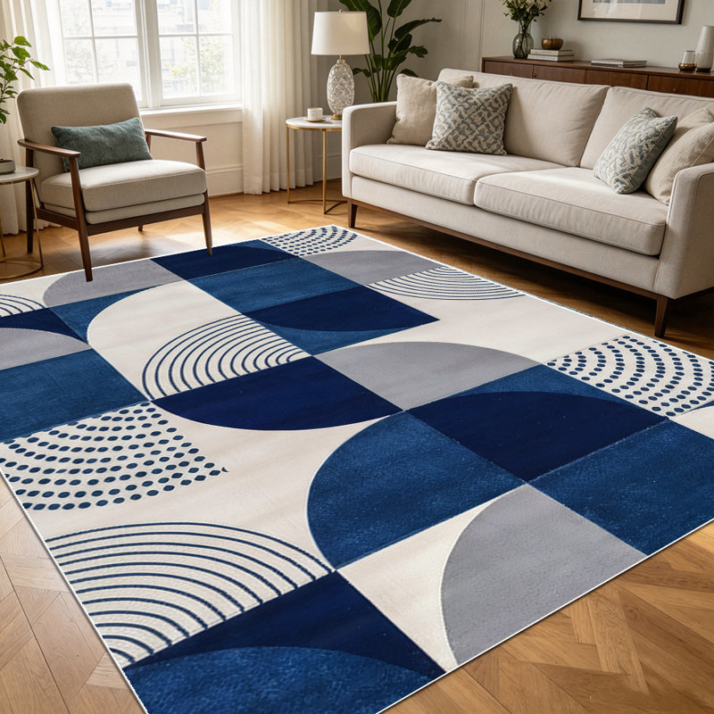 1PC Geometric Modern Blue Gray Patchwork Semicircle Dot Stripe area rugs for Living Room, Soft and Comfortable, Suitable for all seasons, easy-to-maintain, machine washable Indoor floor mat, Under Table Farmhouse suitable for Dining Table, Bedroom,