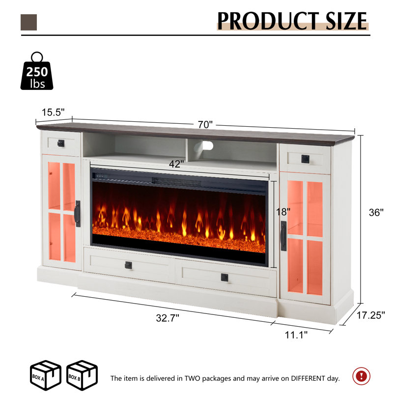 Large Farmhouse 70" TV Stand With 42" Fireplace, Led Lights, White, White