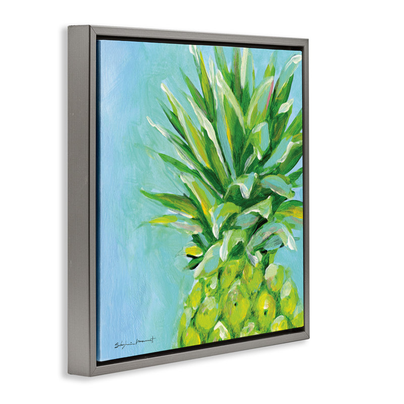Ananas tropical sur fond bleu, Cadre flottant gris lustré, H 18 po x l 18 po