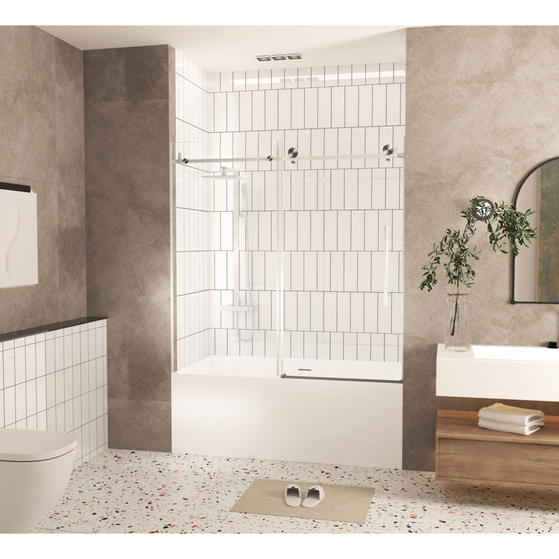 56 - 60" Wide Shower Door High, 6 Mm Thick Tempered Glass, Shatter Barrier Layer, Corrosion Stainless Steel Stick, Brushed Nickel Shine Large Wheels For Silent Glide Film, Rod, Glow Smooth Travel