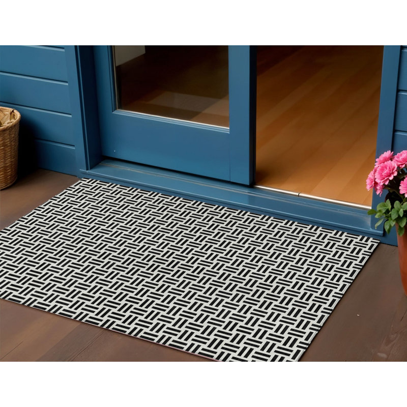 Tapis intérieur / extérieur géométrique lavable noir et ivoire 3 pi x 5 pi