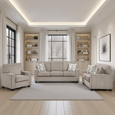 Heywood Modern & Contemporary 3-Piece Living Room Set with Luxurious Chenille Fabric Upholstery, Reversible Cushions & Foam over Pocket Coils Comfort by Ebern Designs