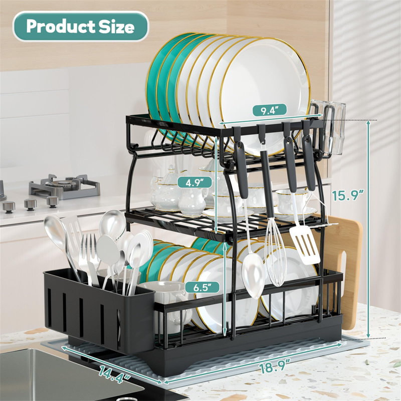 Séchoir à vaisselle à 3 niveaux avec tapis sec en silicone