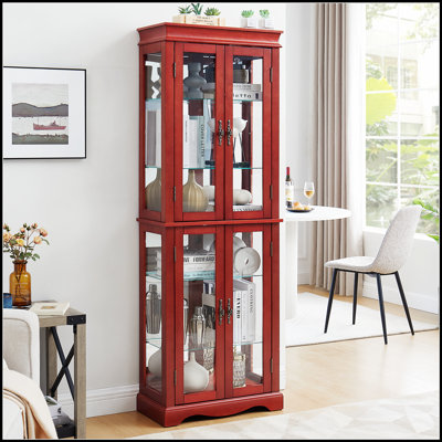 Vitrine lumineuse en verre avec tablettes réglables et garniture carrée moderne, parfaite pour mettre en valeur des objets de collection et du vin