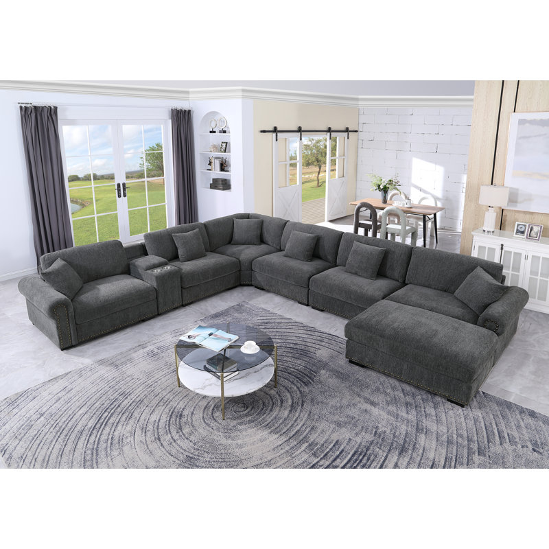 Stimpson 7-Seater Modular Sectional with Cup Holders , Dark Gray Chenille