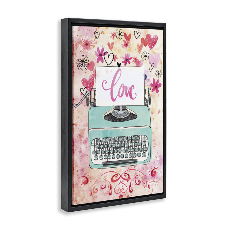 Toile flottante encadrée «Romantic Love Typewriter» par Nicole DeCamp, Cadre flottant noir de jais, H 25 po x l 17 po