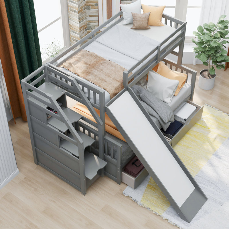 Lit superposé multifonctionnel avec tiroirs de rangement et glissière, simple sur double, H 61,4 po, Gris