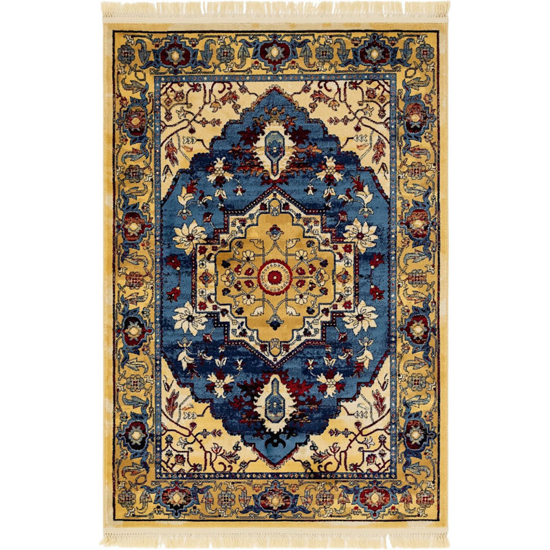 Tapis oriental jaune / bleu Regal, Rectangle 3 pi 3 po x 5 pi 3 po
