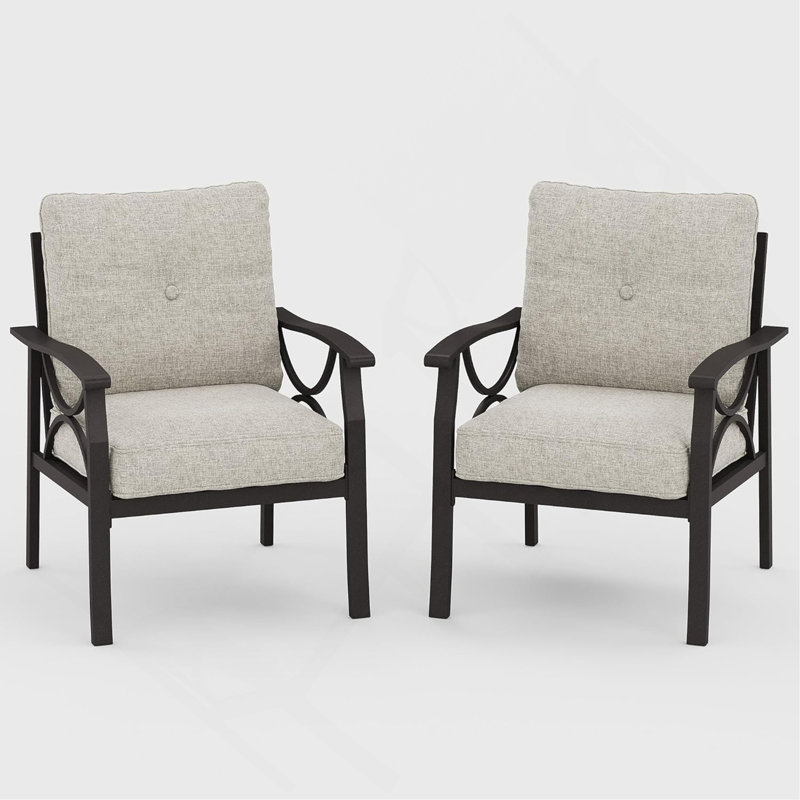 Ensemble de 2 fauteuils en métal toutes saisons, structure kaki avec coussins beiges, Beige, Kaki