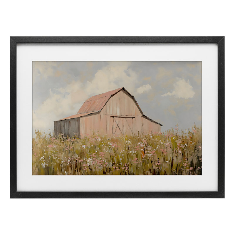 «Blush Pink Barn», reproduction sous verre encadrée, design par Franklyn Gregory, H 14 po x l 20 po, Cadre noir minuit