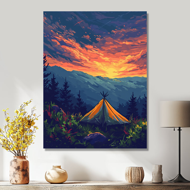 «Quietude Tent Under Pink Mountain Sunset», impression d'art mural de voyage en camping, Toile tendue, H 32 po x l 16 po