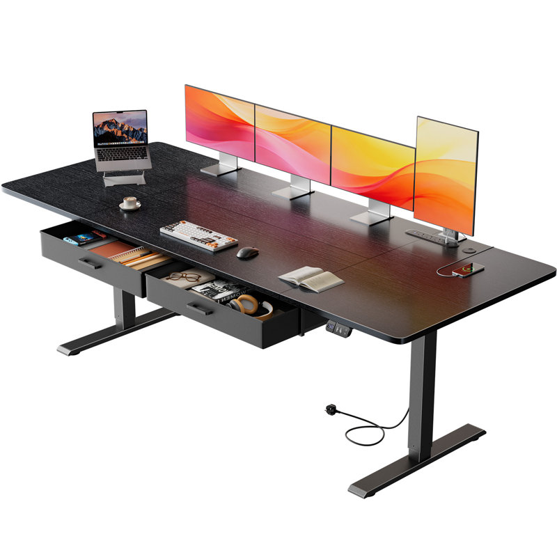 Adjustable Metal Base Standing Desk with Power Outlet, 140cm W x 80cm D, Black/Black