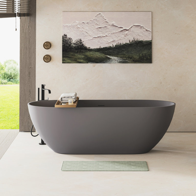 Spacious, 63-Inch, Solid Surface, Freestanding, Soaking Bathtub, Matte Grey, Approved, Center Drain 63" Surface Freestanding Grey Overflow And Drain, Comfortable Relaxation