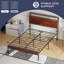 Structure de lit avec lumières DEL, structure de lit en métal avec station de charge, tête de lit à double couche de rangement, matelas à ressorts non requis, pieds de support robustes, couleur acajou-1365577165