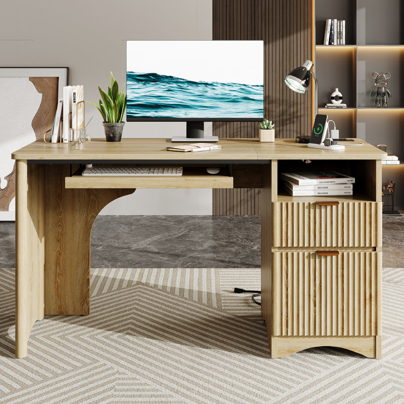 Labelle 55Inch Fluted Executive Desk with Power Outlet, Modern Computer Writing Desks with File Drawers, Home Office Desk with Keyboard Tray and Open Storage Compartment
