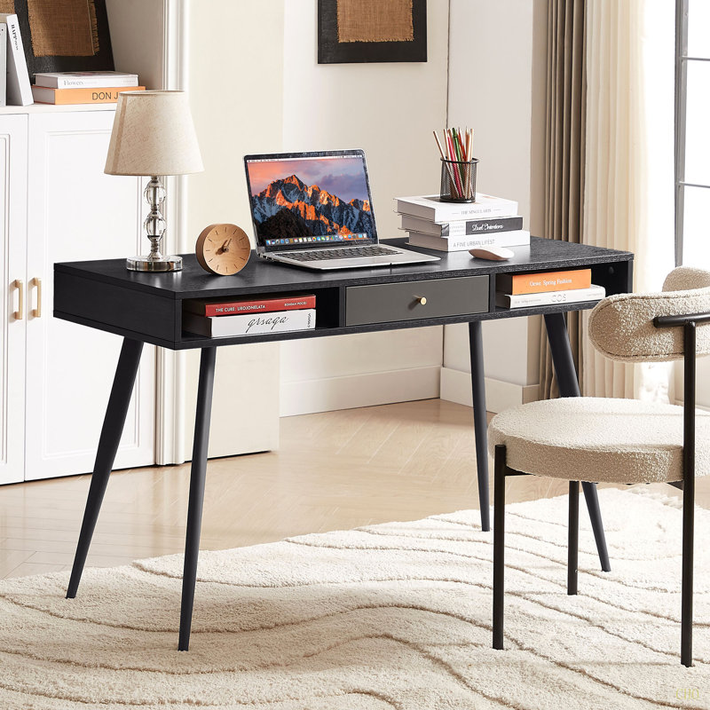 Bureau Mid-Century avec ports USB et prise de courant, bureau d'écriture moderne avec tiroirs, bureau d'ordinateur multifonctionnel