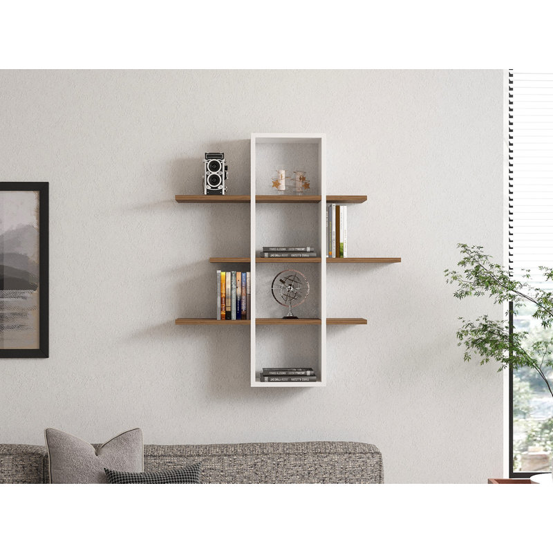 Modern Wall Shelf, Walnut & White, 37.8 x 39.8 x 7.7 inches | 100% Melamine Coated Particle Board, Thickness: 0.7 inches | Numerous Shelves, Wall-Mountable, Additional Storage, Stylish & Functional Design for Home & Office