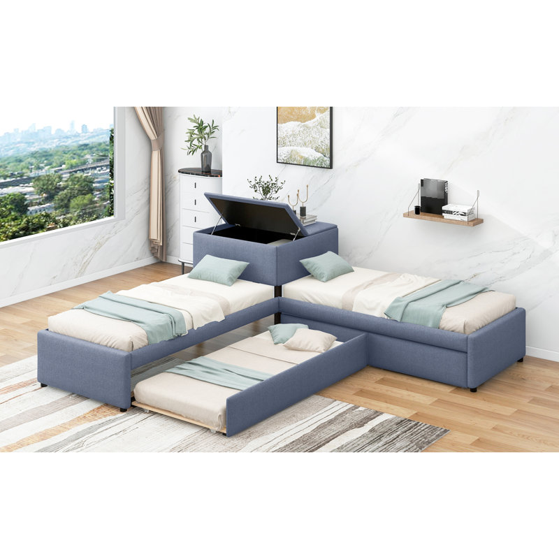 Lit plateforme en L avec tiroirs et lit gigogne gris