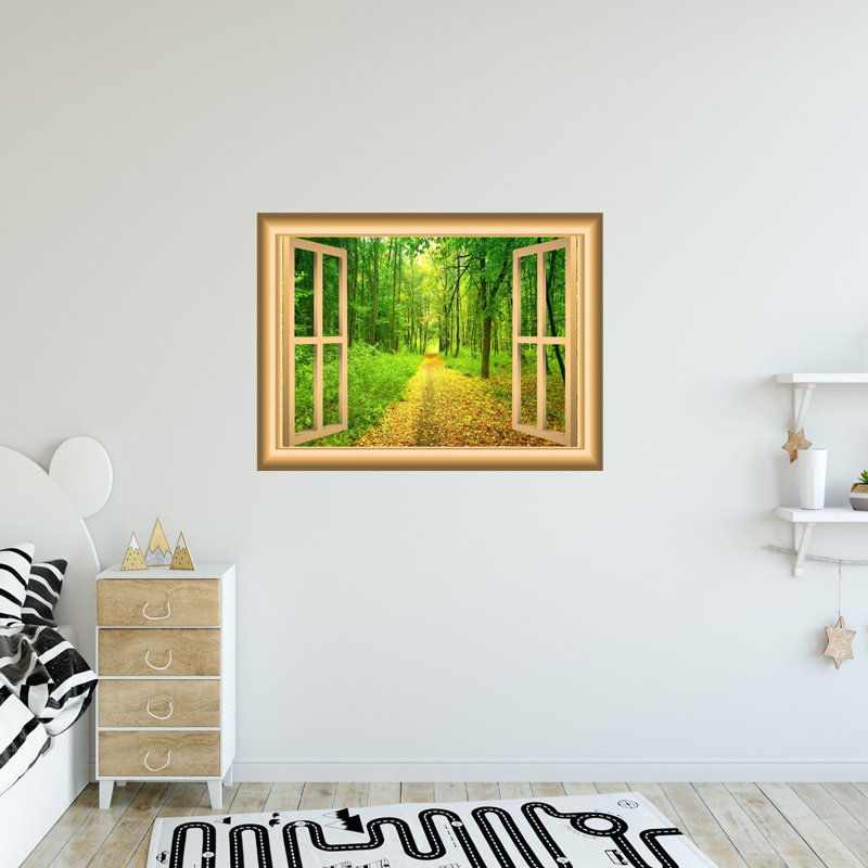 Décalcomanie murale fenêtre forêt 3d, H 28 po x l 36 po x P 0,01 po