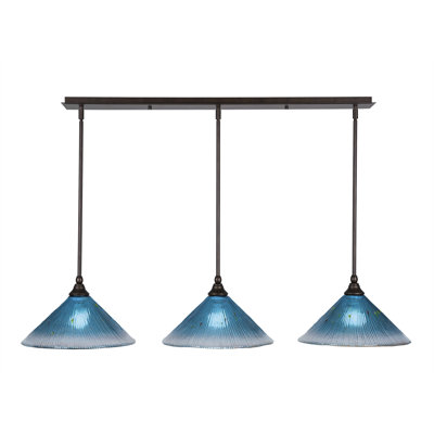 3 Light Stem Hung Linear Pendalier Shown With 12" Teal Crystal Glass