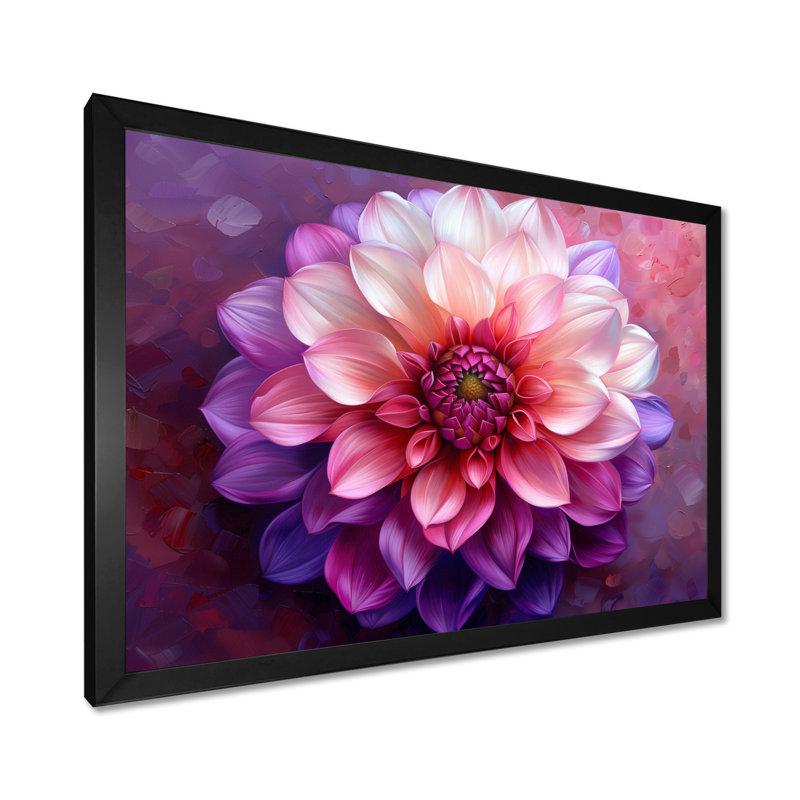 «Dahlia», art floral mauve, Cadre simple noir, H 16 po x l 32 po