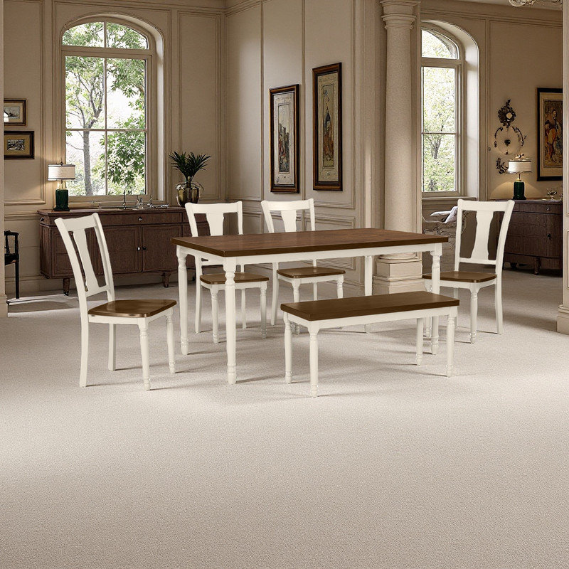 6 - Piece Traditional Dining Table with Chair and Bench Set, Brown/Cottage White