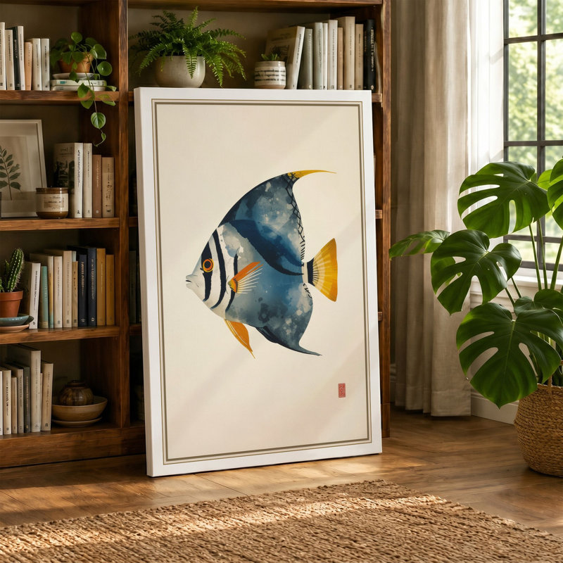 Blue Fish with Gold Japandi - Wrapped Canvas, 24x16 - 61.0 x 40.6 cm, Cream Border