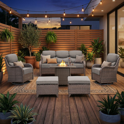 High Back Outdoor Furniture With 6-Inch Extra Thick Cushions, Patio Furniture Set With Fire Pit Table & Swivel Chairs, 6 PCS Wicker Conversation Set For Yard, Deck, Poolside