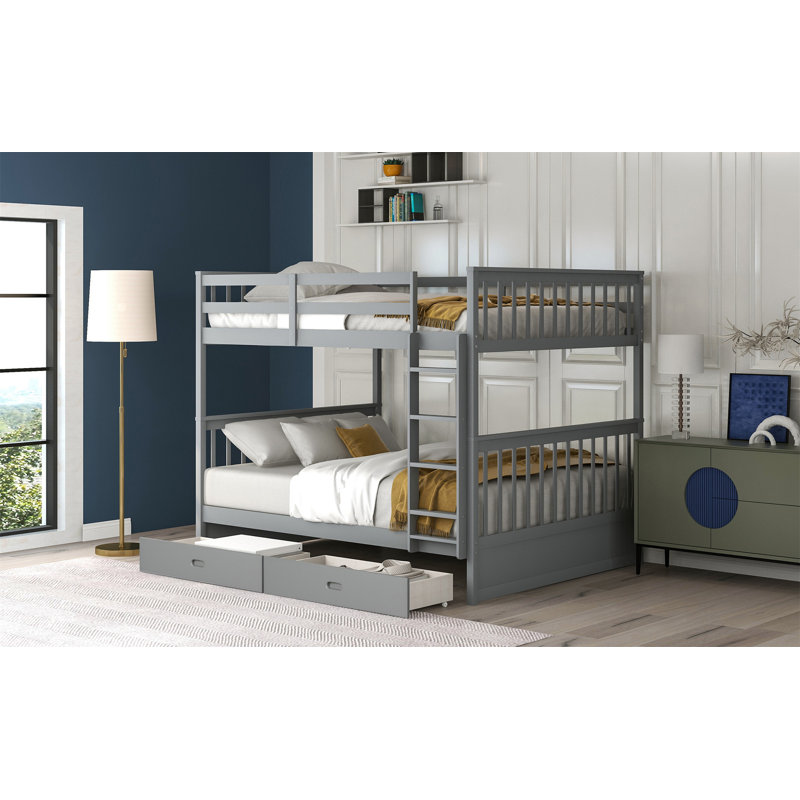 Lit superposé double avec échelle et deux tiroirs de rangement, peu encombrant et durable pour un usage familial, Gris