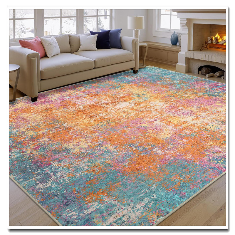 8'X10' Soft Washable Non-Slip Area Rug - Modern Abstract Colorful Print For Home Spaces, Orange Blue Pink Yellow