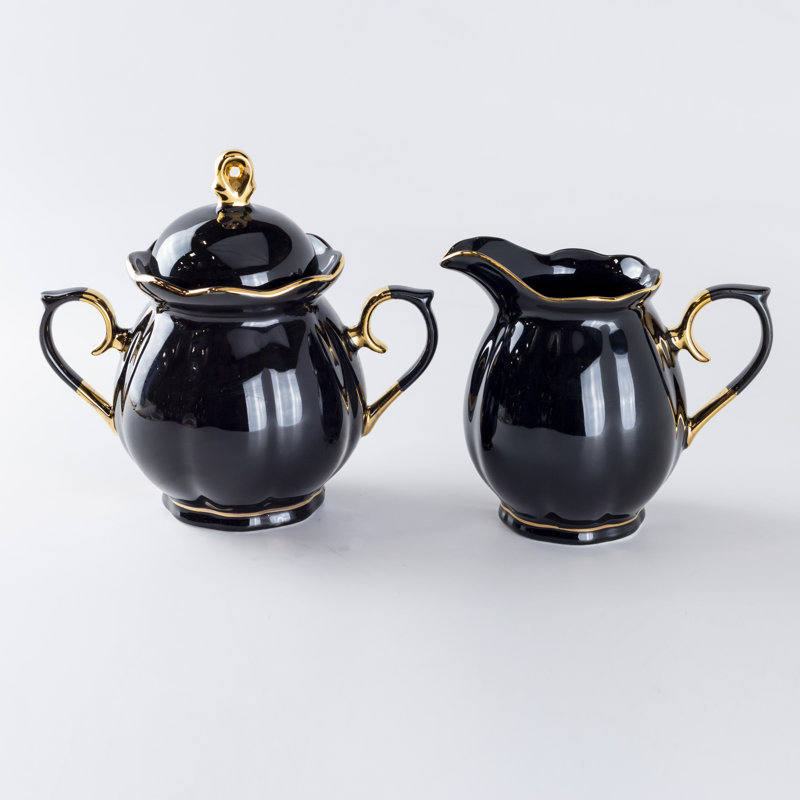 Sugar And Creamer Set with Lid, Black/Gold